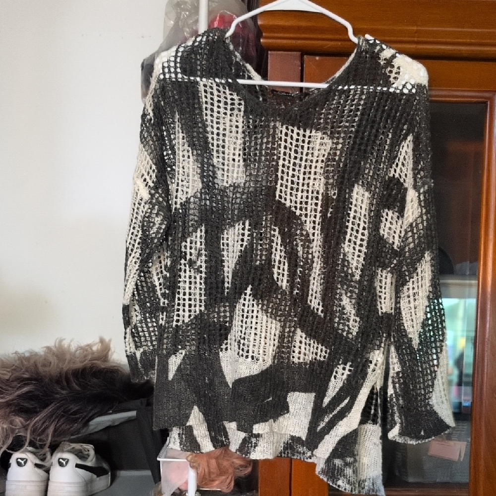 CHARLIE B Black and White Open Knit Top